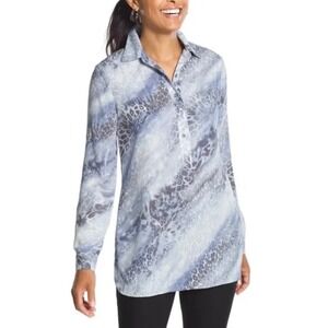 Chicos size 2 large Blue Animal Print Collared Button Down Shirt Tunic Women